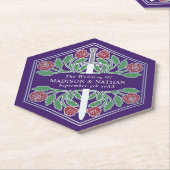 Silver Purple Royal Medieval Floral Sword Wedding ペーパーコースター (アングル)
