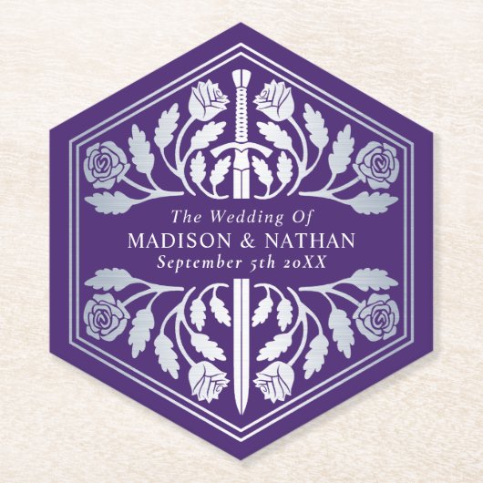 Silver Purple Royal Medieval Sword Wedding ペーパーコースター (正面)