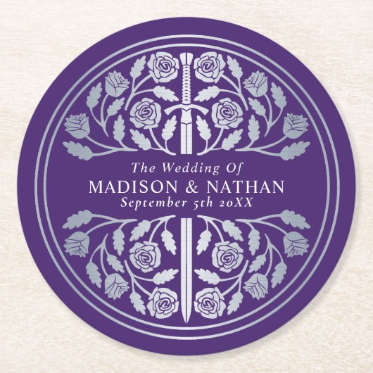 Silver Purple Royal Medieval Sword Wedding ラウンドペーパーコースター (正面)