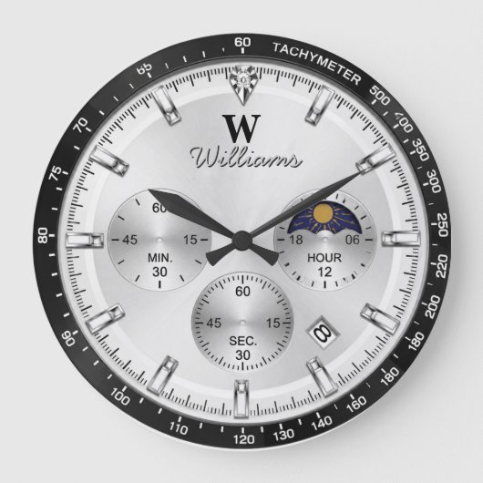 Silver Racing Dial  Luxury Chronograph  ラージ壁時計 (正面)