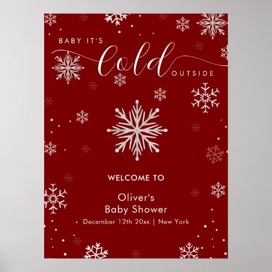 Silver Red Magical Snowflake Baby Shower Welcome  ポスター (正面)