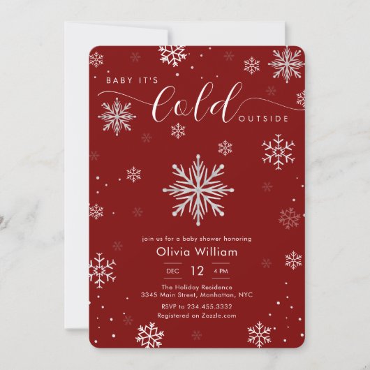 Silver Red Magical Winter Snowflake Baby Shower 招待状 (正面)