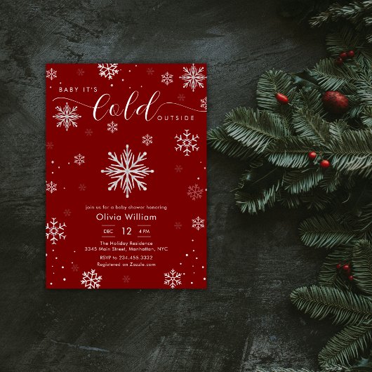 Silver Red Magical Winter Snowflake Baby Shower  招待状