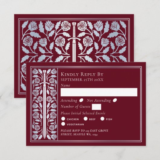 Silver Red Medieval Sword Wedding RSVP (正面/裏面)