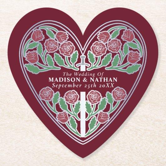 Silver Red Royal Medieval Floral Sword Wedding ペーパーコースター (正面)