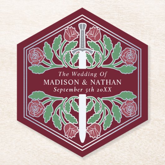Silver Red Royal Medieval Floral Sword Wedding ペーパーコースター (正面)