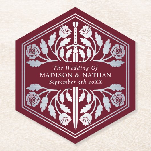 Silver Red Royal Medieval Sword Wedding ペーパーコースター (正面)