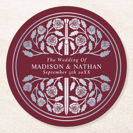 Silver Red Royal Medieval Sword Wedding ラウンドペーパーコースター (正面)