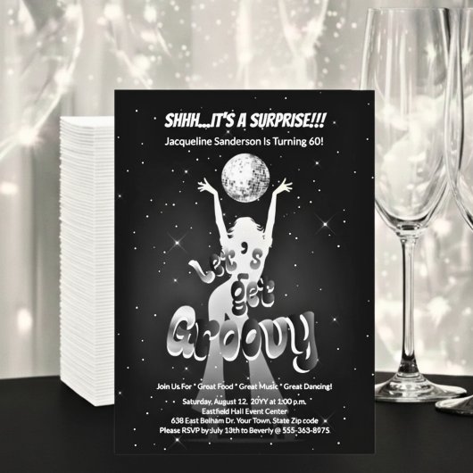 Silver Retro Let's Get Groovy 60th Birthday Party 招待状