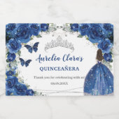 Silver Royal Blue Floral Quinceañera Birthday スパークリングワインラベル (シングルラベル)