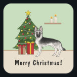 Silver Sable German Shepherd Festive Christmas スクエアシール<br><div class="desc">Destei's original cartoon illustration of a silver sable / black and silver color German Shepherd breed dog. The dog is standing by a festive Christmas tree decorated with red and yellow ornaments, a white pearl garland and a yellow star that is placed on the top of the tree. There are...</div>