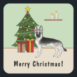 Silver Sable German Shepherd Festive Christmas スクエアシール<br><div class="desc">Destei's original cartoon illustration of a silver sable / black and silver color German Shepherd breed dog. The dog is standing by a festive Christmas tree decorated with red and yellow ornaments, a white pearl garland and a yellow star that is placed on the top of the tree. There are...</div>