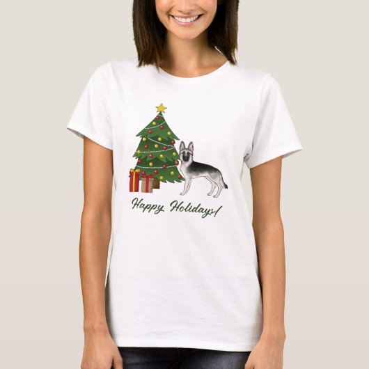 Silver Sable German Shepherd Festive Christmas Tシャツ (正面)
