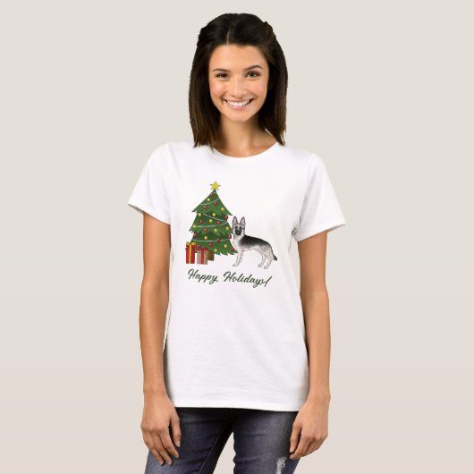 Silver Sable German Shepherd Festive Christmas Tシャツ (正面フル)