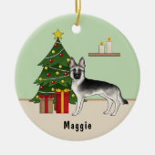Silver Sable German Shepherd Green Christmas Tree セラミックオーナメント (正面)
