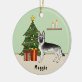 Silver Sable German Shepherd Green Christmas Tree セラミックオーナメント (左)