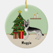Silver Sable German Shepherd Green Christmas Tree セラミックオーナメント (裏面)