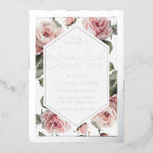 Silver Script Blush Floral Frame Bridal Shower 箔招待状 (正面)