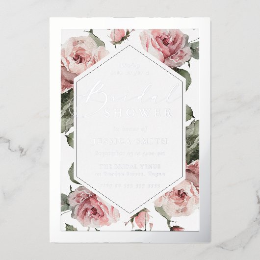 Silver Script Blush Floral Frame Bridal Shower 箔招待状 (正面)