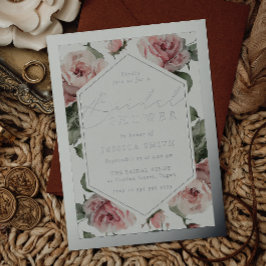 Silver Script Blush Floral Frame Bridal Shower 箔招待状