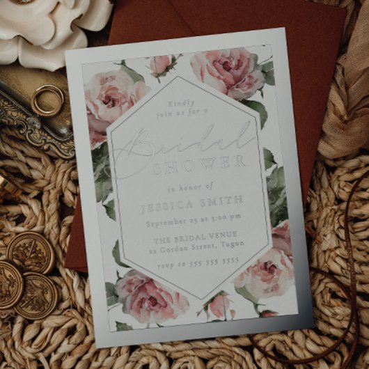 Silver Script Blush Floral Frame Bridal Shower 箔招待状