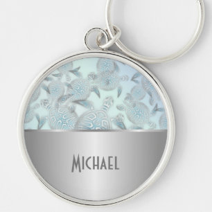 Silver Sea Turtles Pattern Monogram キーホルダー