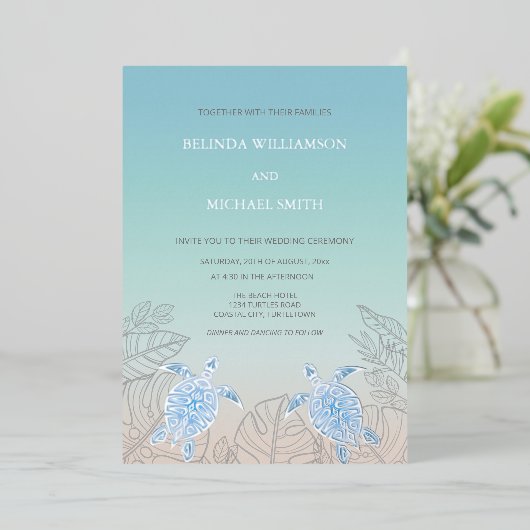 Silver Sea Turtles Turquoise | Beach Wedding 箔招待状 (立ち正面)