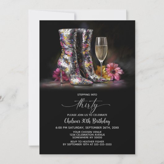 Silver Sequin Boots 30th Birthday Party 招待状 (正面)