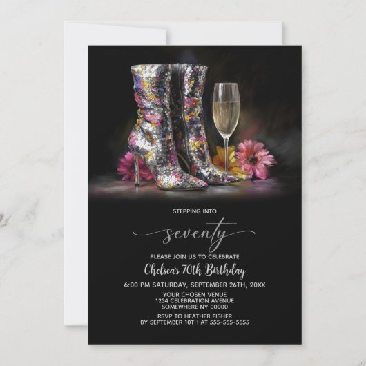 Silver Sequin Boots 70th Birthday Party 招待状 (正面)