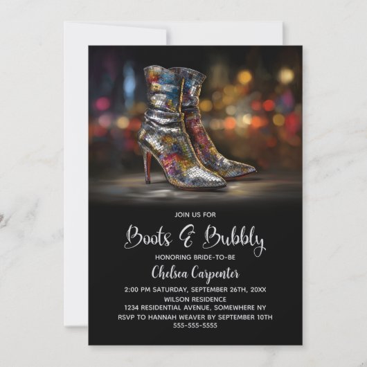 Silver Sequin Boots and Bubbly Bridal Shower 招待状 (正面)