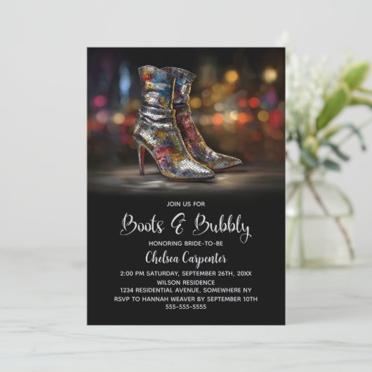 Silver Sequin Boots and Bubbly Bridal Shower 招待状 (スタンド正面)