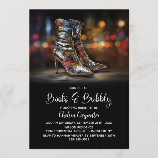 Silver Sequin Boots and Bubbly Bridal Shower 招待状 (正面)