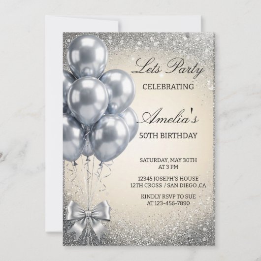 Silver Sequins Let's Birthday Party Invitation 招待状 (正面)