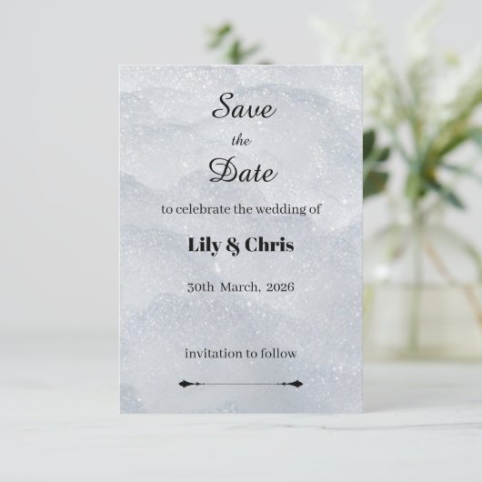 Silver Shimmering Filigree Save the Date Card (スタンド正面)