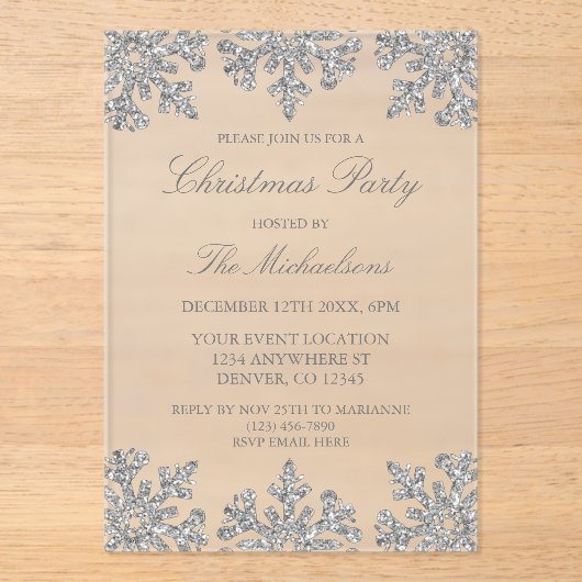 Silver Snowflake Winter Christmas Party アクリル招待状 (正面)