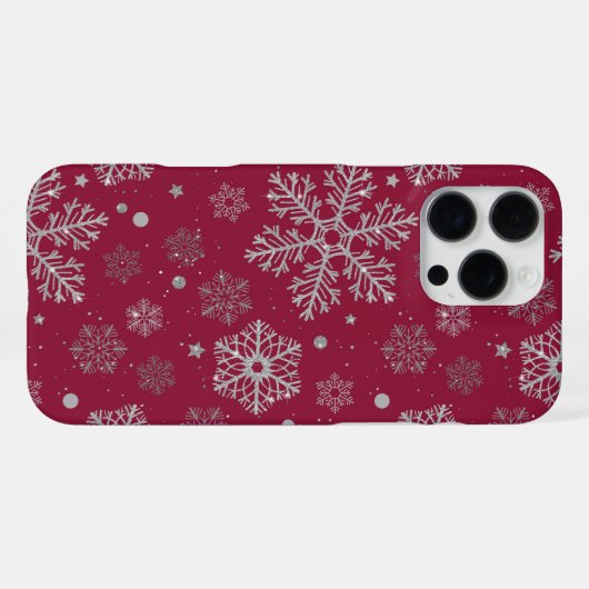 Silver snowflakes on dark red iPhoneケース (裏面横)