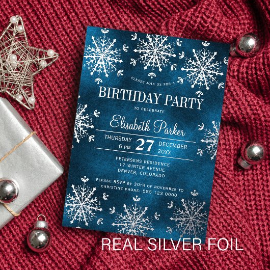 Silver snowflakes winter luxury birthday party 箔招待状