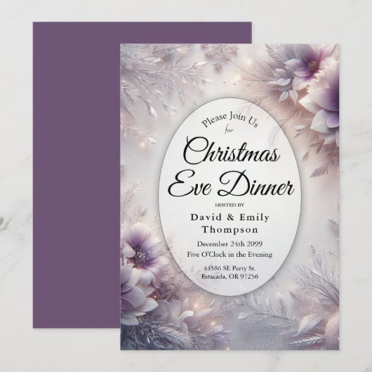 Silver Soft Amethyst Winter Christmas Eve Dinner 招待状 (正面/裏面)