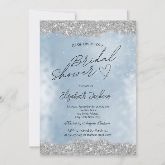 Silver Sparkle Glitter Blue Bridal Shower  招待状 (正面)