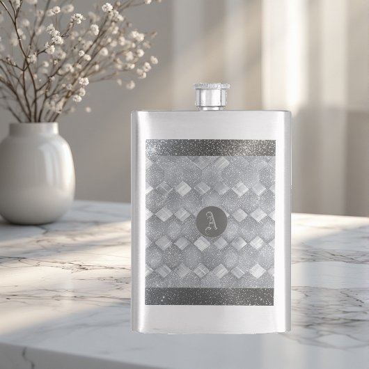 Silver Sparkle Luxury Topography Metallic Monogram フラスク