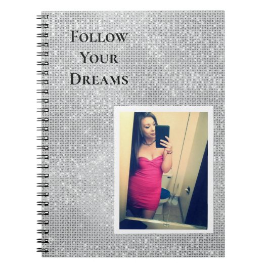 Silver Sparkle Your Photo パーソナライズされた引用文 ノートブック (正面)