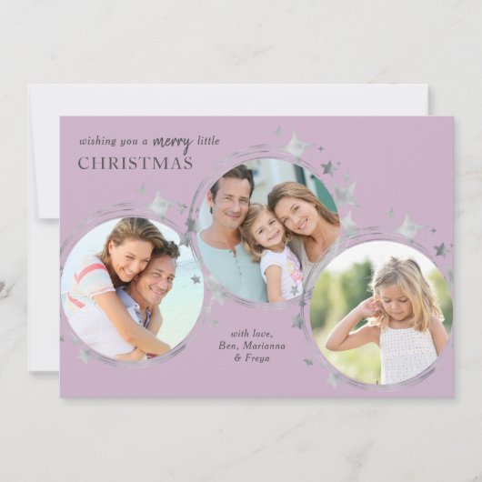 Silver Stars Christmas Photo Trio Pastel Pink シーズンカード (正面)