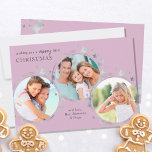 Silver Stars Christmas Photo Trio Pastel Pink シーズンカード<br><div class="desc">Elegant Christmas photo trio holiday card in pastel pink and silver. You can upload 3 pictures, which are displayed in round shape and framed with wreaths of abstract rings, decorated with silver stars. The card is lettered with "wishing you a merry little christmas" and the template is set up for...</div>