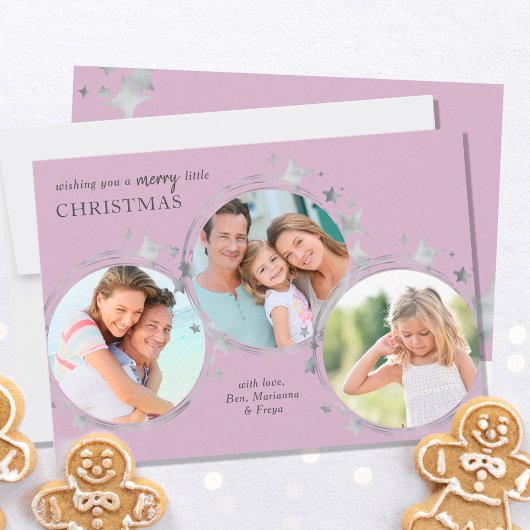 Silver Stars Christmas Photo Trio Pastel Pink シーズンカード