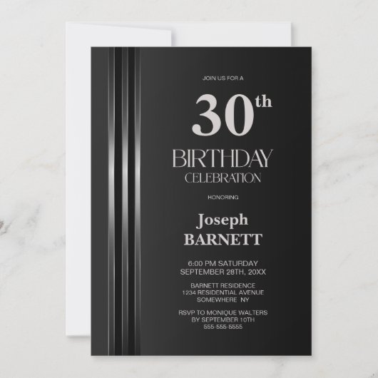 Silver Striped Black Grey 30th Birthday Party 招待状 (正面)