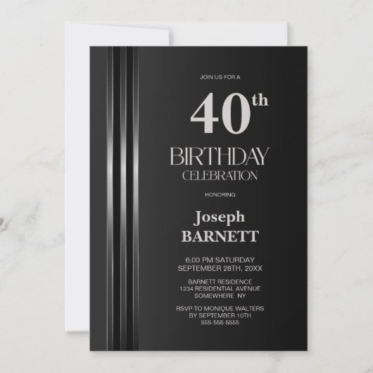 Silver Striped Black Grey 40th Birthday Party 招待状 (正面)