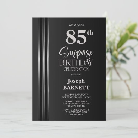 Silver Striped Black Grey 85th Surprise Birthday 招待状 (スタンド正面)