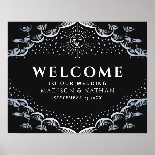 Silver Sun & Moon Tarot Card Wedding Welcome Sign ポスター (正面)
