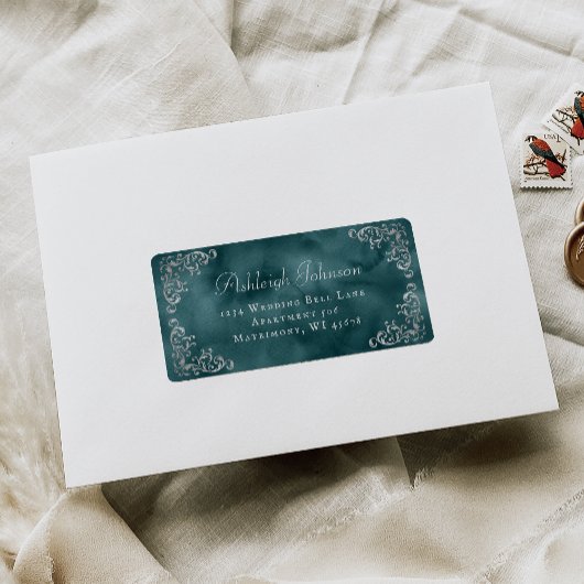 Silver Teal Blue Wedding RSVP Return Address ラベル