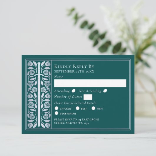 Silver Teal Medieval Sword Wedding RSVP (スタンド正面)
